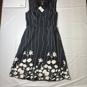 Spense Womens Black White Floral Stripe V-Neck Fit Flare Dress NWT Size 6